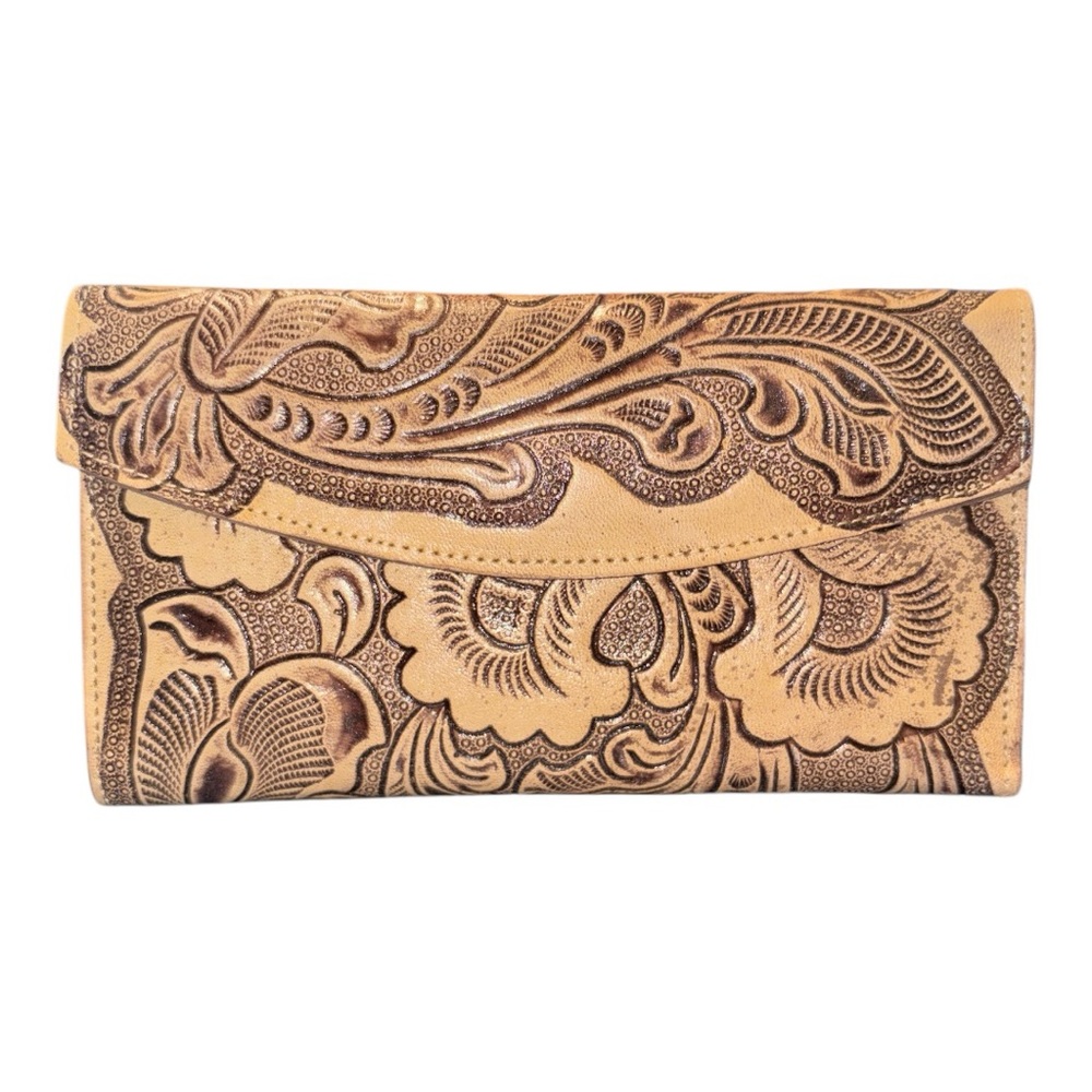 Hand Tooled Leather Wallet Made in Mexico Cream & Brown Leather RR